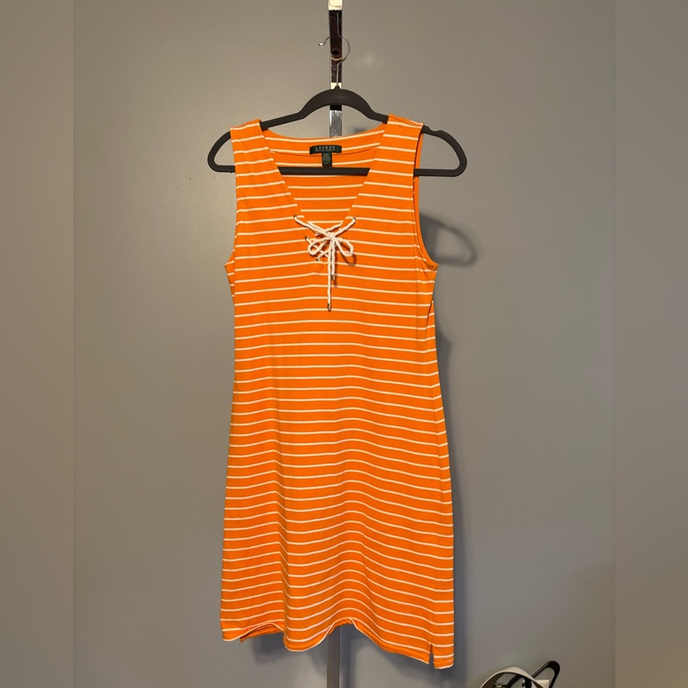 LAUREN RALPH LAUREN TANK STYLE DRESS TANGERINE AND‎ WHITE STRIPE MED
